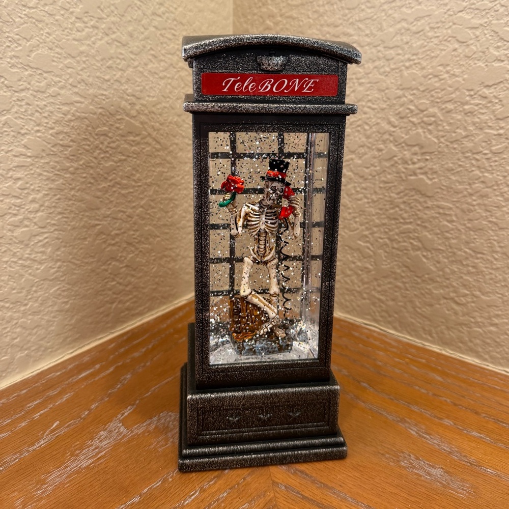 Festive Halloween Skeleton Telephone Booth Light Up Glitter Globe